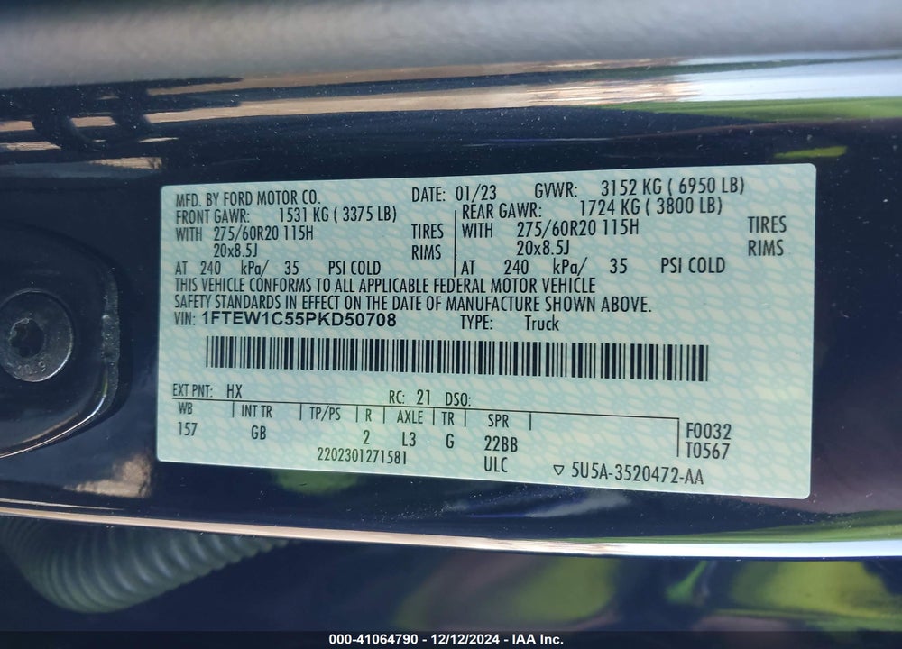 2023 FORD F-150 VIN: 1FTEW1C55PKD50708