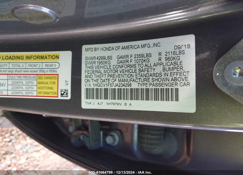 2018 HONDA ACCORD EX-L VIN: 1HGCV1F57JA234298