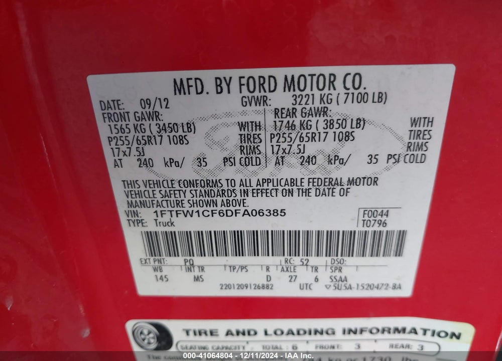2013 FORD F-150 VIN: 1FTFW1CF6DFA06385