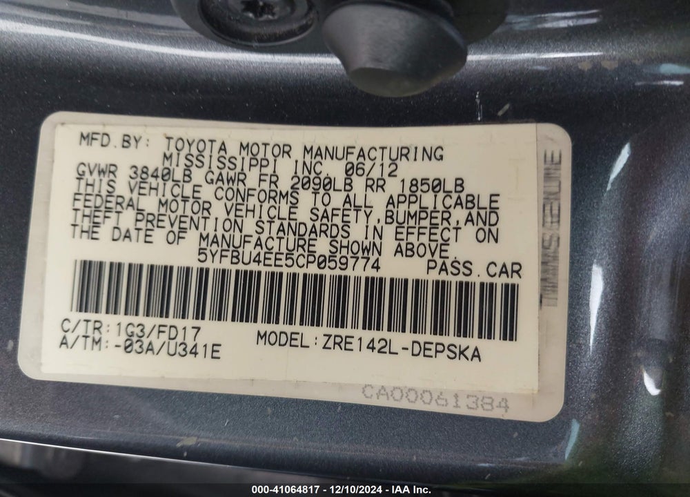 2012 TOYOTA COROLLA S VIN: 5YFBU4EE5CP059774