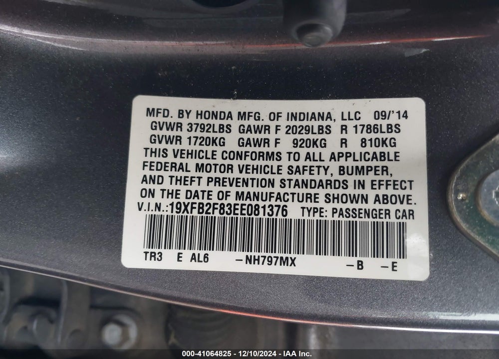 2014 HONDA CIVIC VIN: 19XFB2F83EE081376