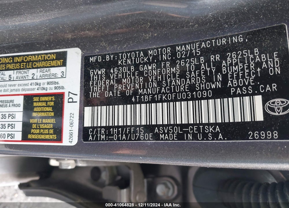 2015 TOYOTA CAMRY VIN: 4T1BF1FK0FU031090