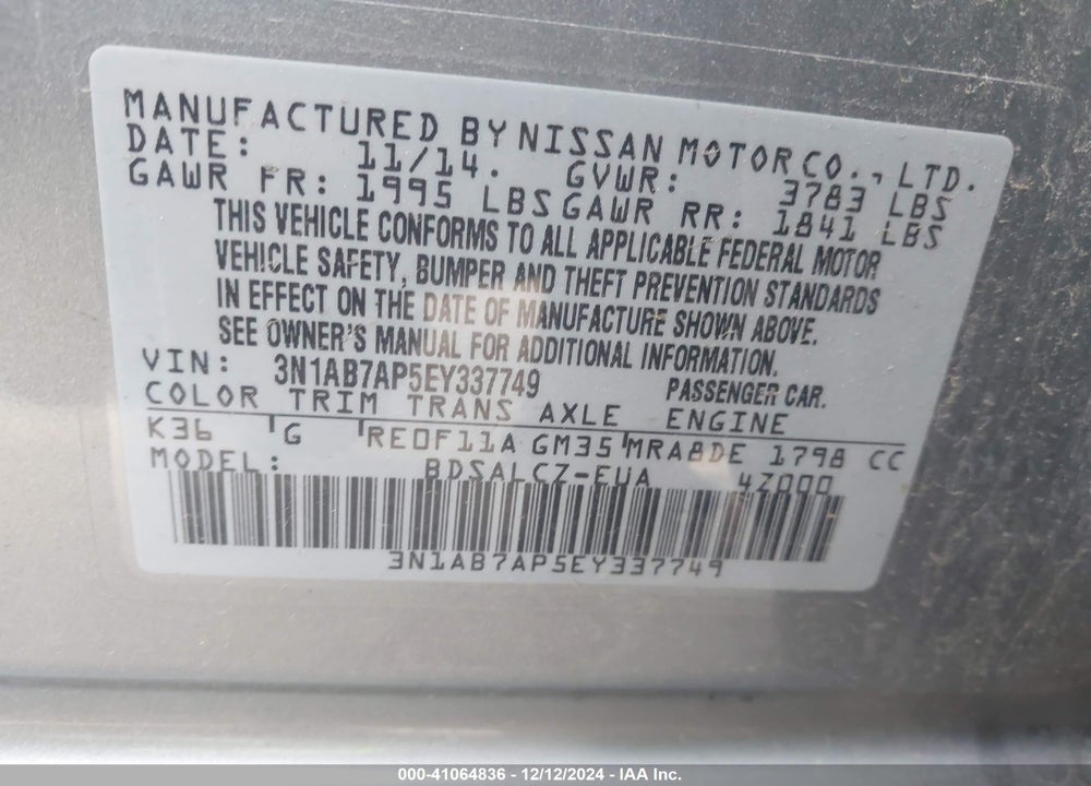 2014 NISSAN SENTRA VIN: 3N1AB7AP5EY337749