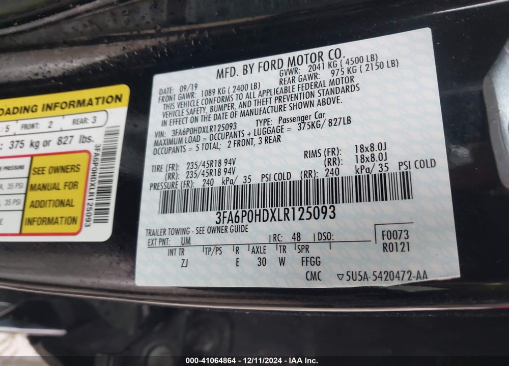 2020 FORD FUSION SE VIN: 3FA6P0HDXLR125093