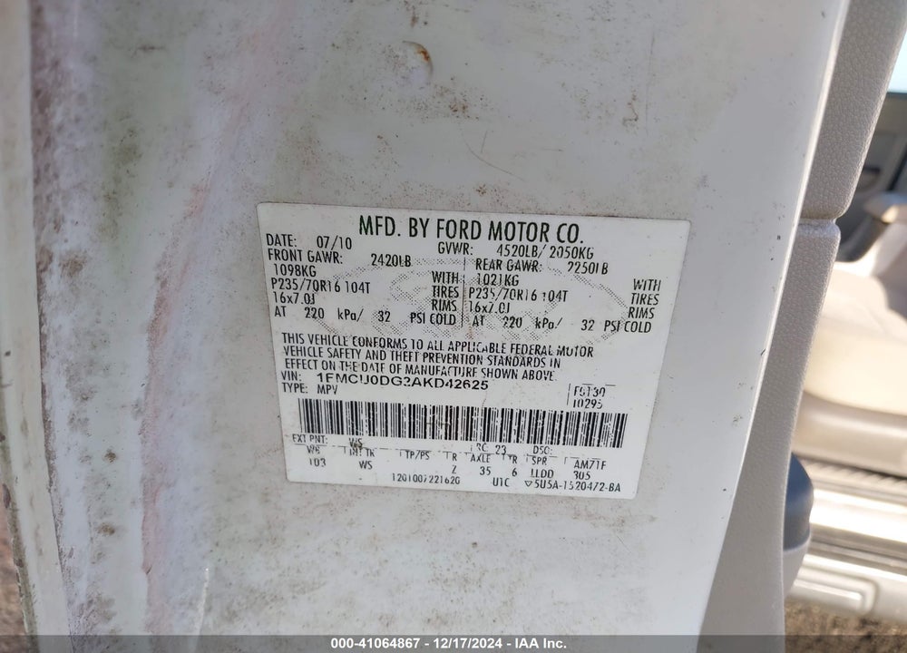 2010 FORD ESCAPE XLT VIN: 1FMCU0DG2AKD42625
