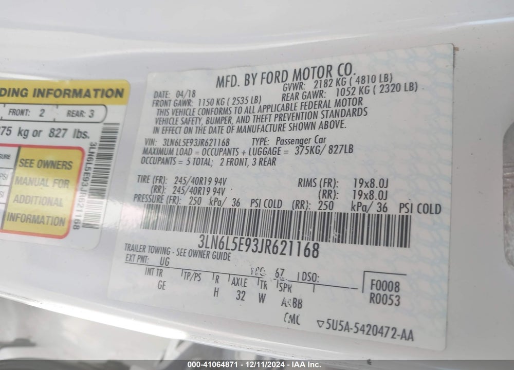 2018 LINCOLN MKZ VIN: 3LN6L5E93JR621168