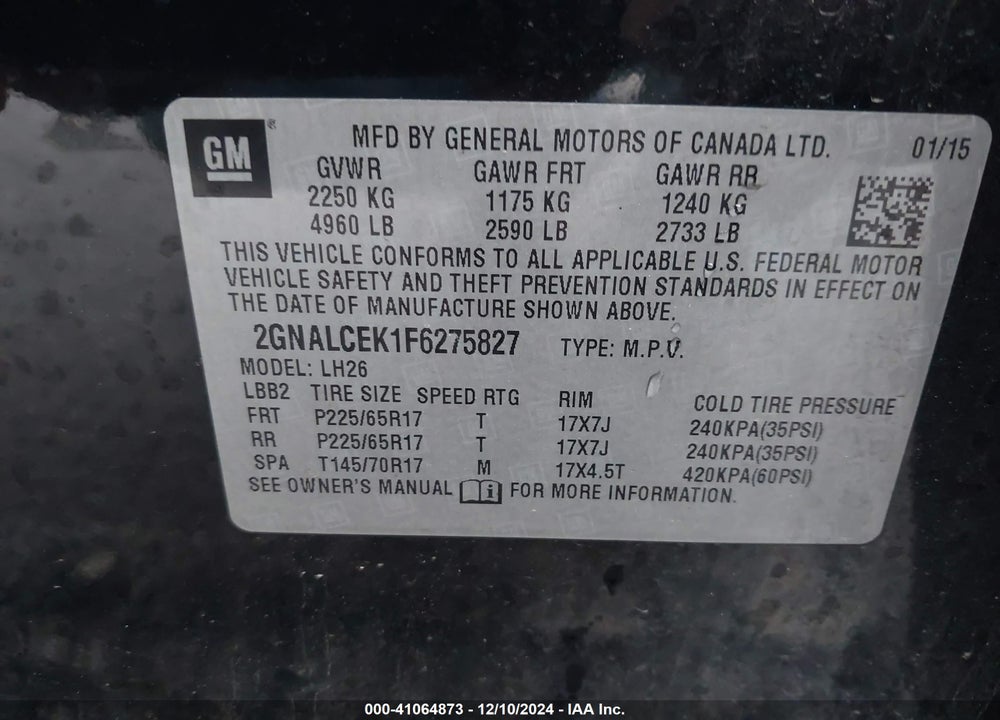 2015 CHEVROLET EQUINOX 2LT VIN: 2GNALCEK1F6275827