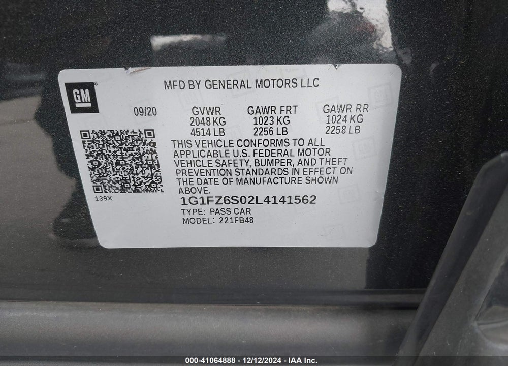 2020 CHEVROLET BOLT EV FWD PREMIER VIN: 1G1FZ6S02L4141562