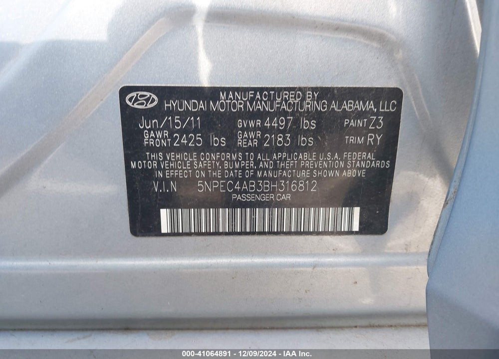 2011 HYUNDAI SONATA SE 2.0T VIN: 5NPEC4AB3BH316812