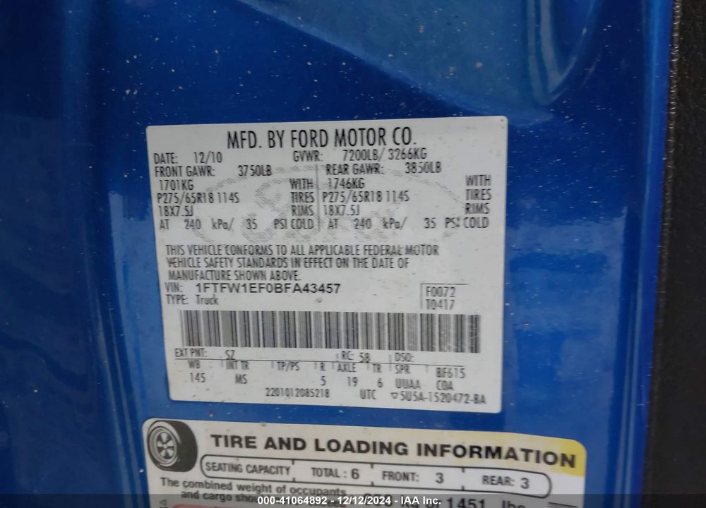 2011 FORD F-150 XLT VIN: 1FTFW1EF0BFA43457
