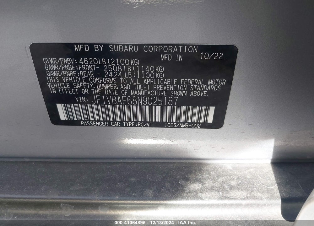 2022 SUBARU WRX VIN: JF1VBAF68N9025187