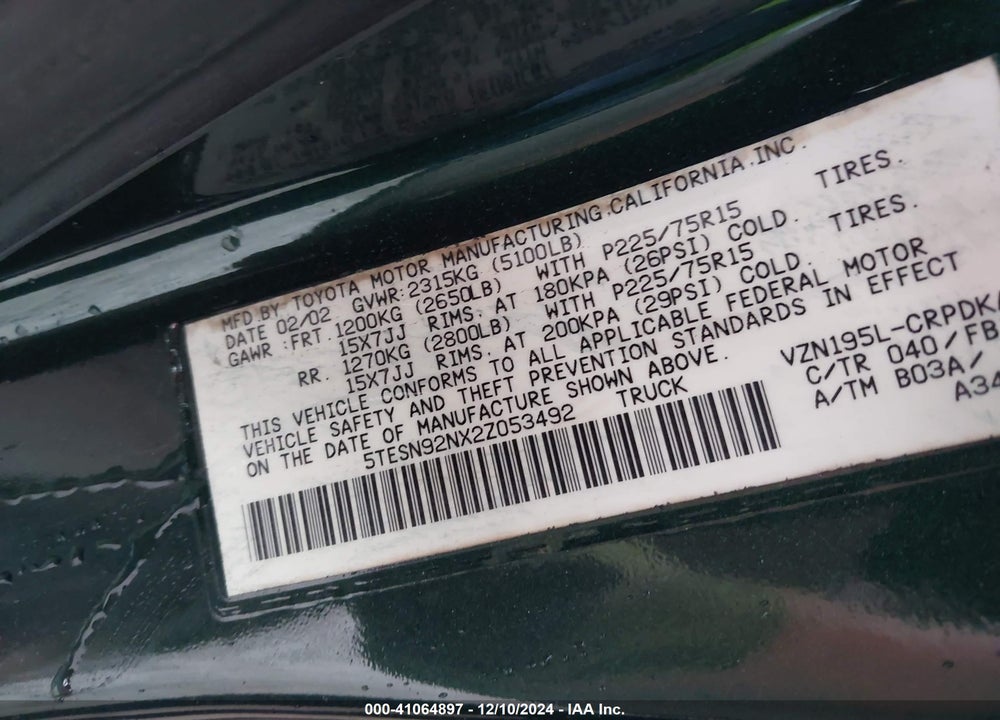2002 TOYOTA TACOMA PRERUNNER V6 VIN: 5TESN92NX2Z053492