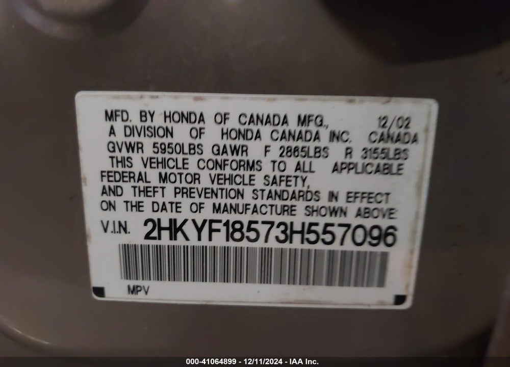 2003 HONDA PILOT EX-L VIN: 2HKYF18573H557096