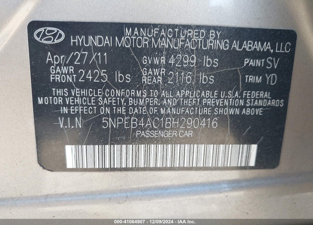 2011 HYUNDAI SONATA GLS VIN: 5NPEB4AC1BH290416