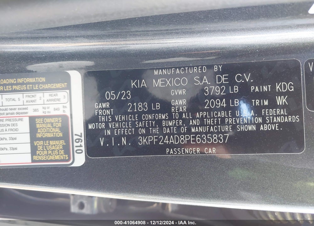 2023 KIA FORTE VIN: 3KPF24AD8PE635837