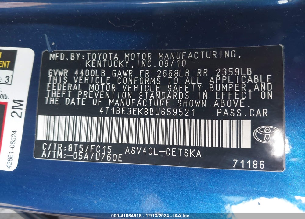 2011 TOYOTA CAMRY SE VIN: 4T1BF3EK8BU659521