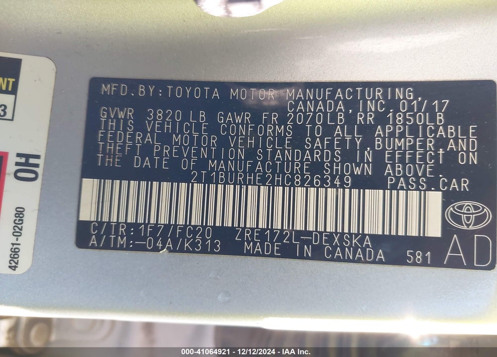 2017 TOYOTA COROLLA SE VIN: 2T1BURHE2HC826349