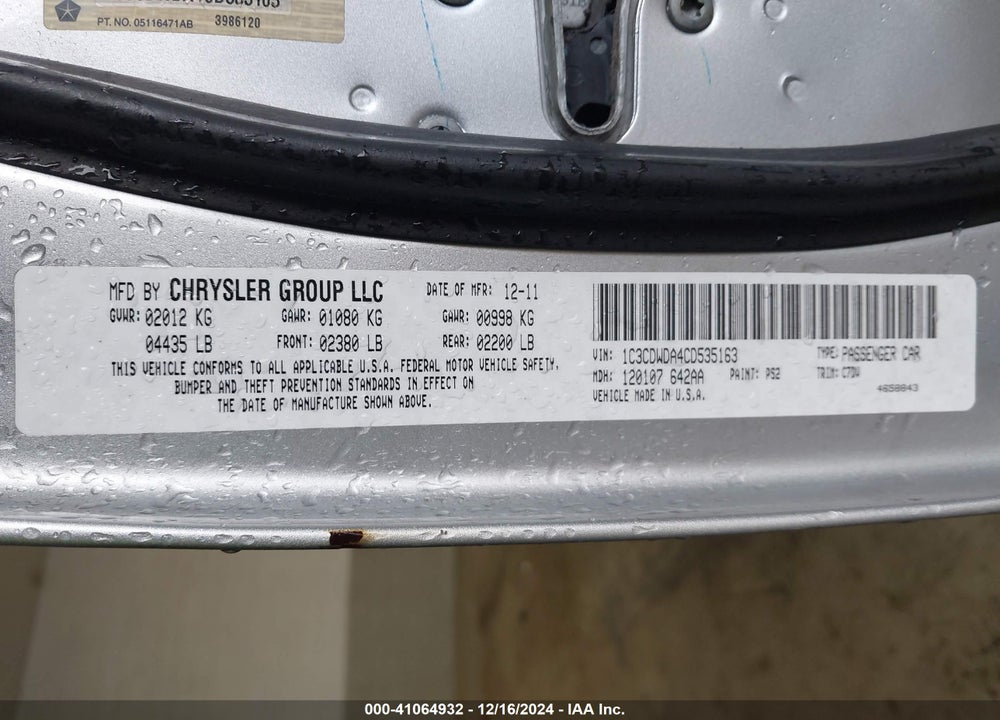 2012 DODGE CALIBER SXT VIN: 1C3CDWDA4CD535163