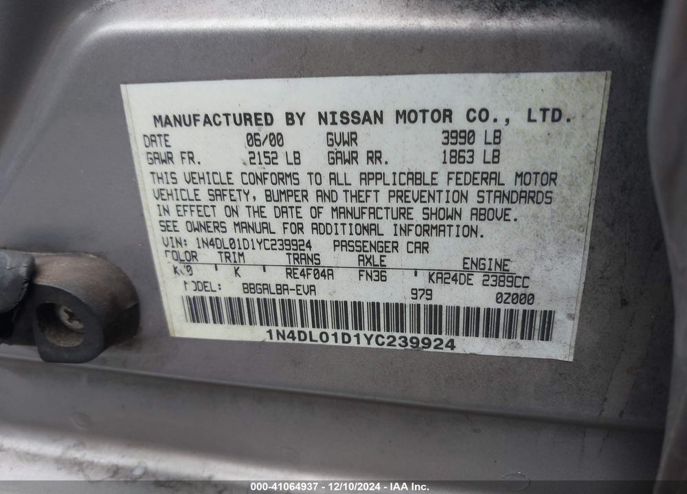 2000 NISSAN ALTIMA GLE/GXE/SE/XE VIN: 1N4DL01D1YC239924