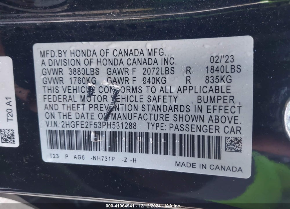 2023 HONDA CIVIC SPORT VIN: 2HGFE2F53PH531288