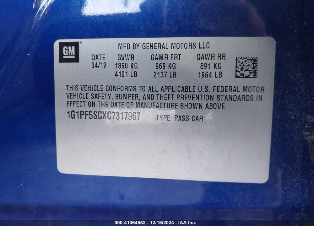 2012 CHEVROLET CRUZE 1LT VIN: 1G1PF5SCXC7317967