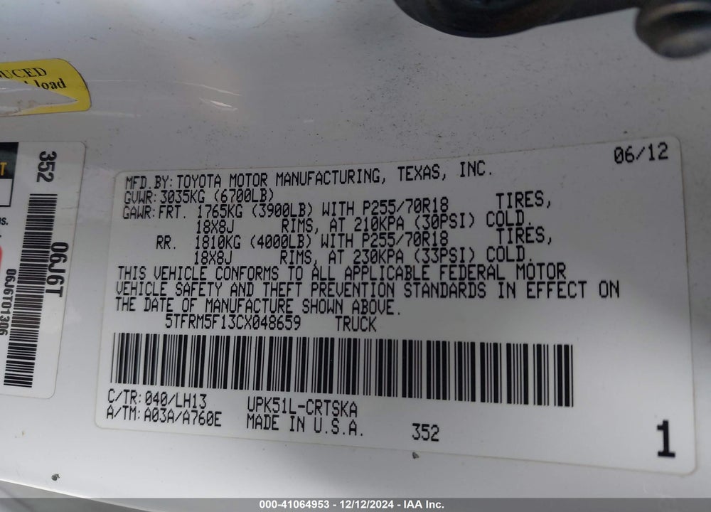 2012 TOYOTA TUNDRA GRADE 4.6L V8 VIN: 5TFRM5F13CX048659