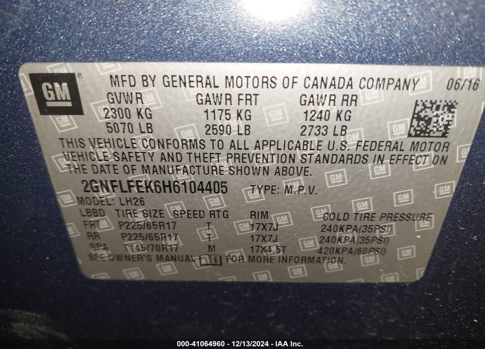 2017 CHEVROLET EQUINOX LT VIN: 2GNFLFEK6H6104405