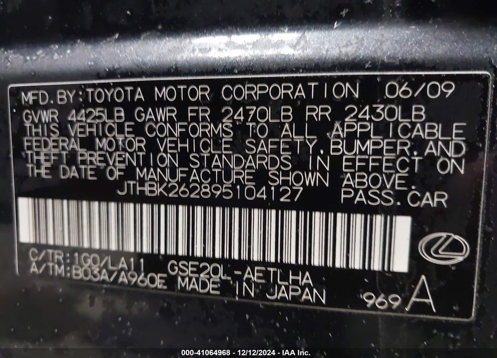 2009 LEXUS IS 250 VIN: JTHBK262895104127