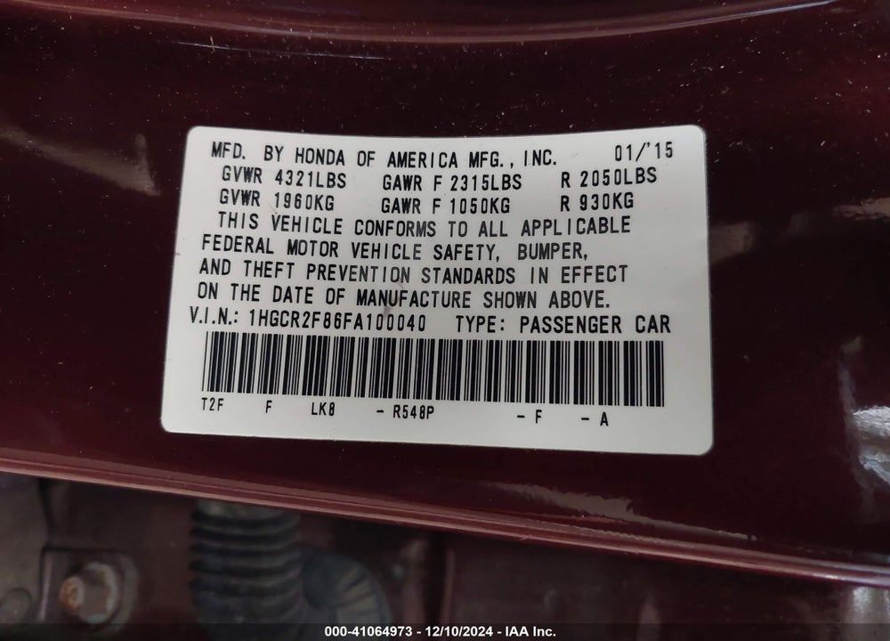 2015 HONDA ACCORD EX-L VIN: 1HGCR2F86FA100040