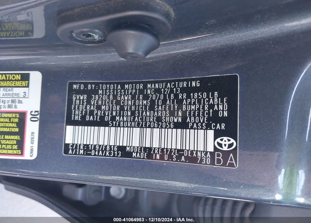 2014 TOYOTA COROLLA LE VIN: 5YFBURHE7EP062056