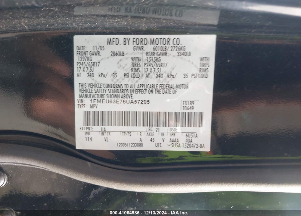 2006 FORD EXPLORER XLT VIN: 1FMEU63E76UA57295