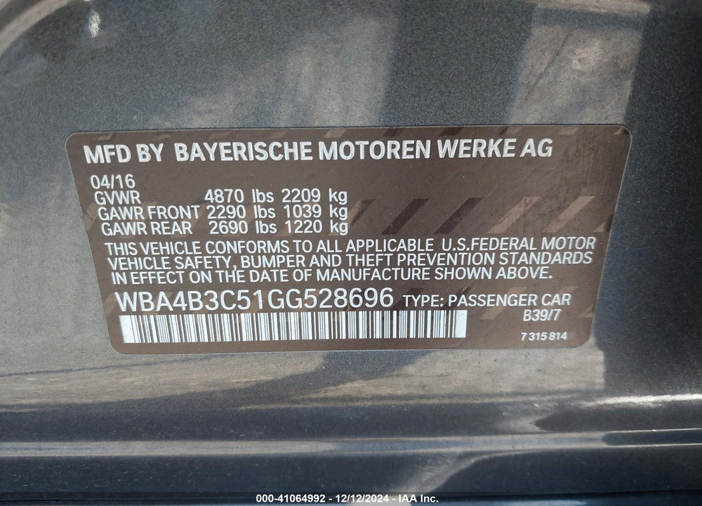 2016 BMW 435I GRAN COUPE XDRIVE VIN: WBA4B3C51GG528696