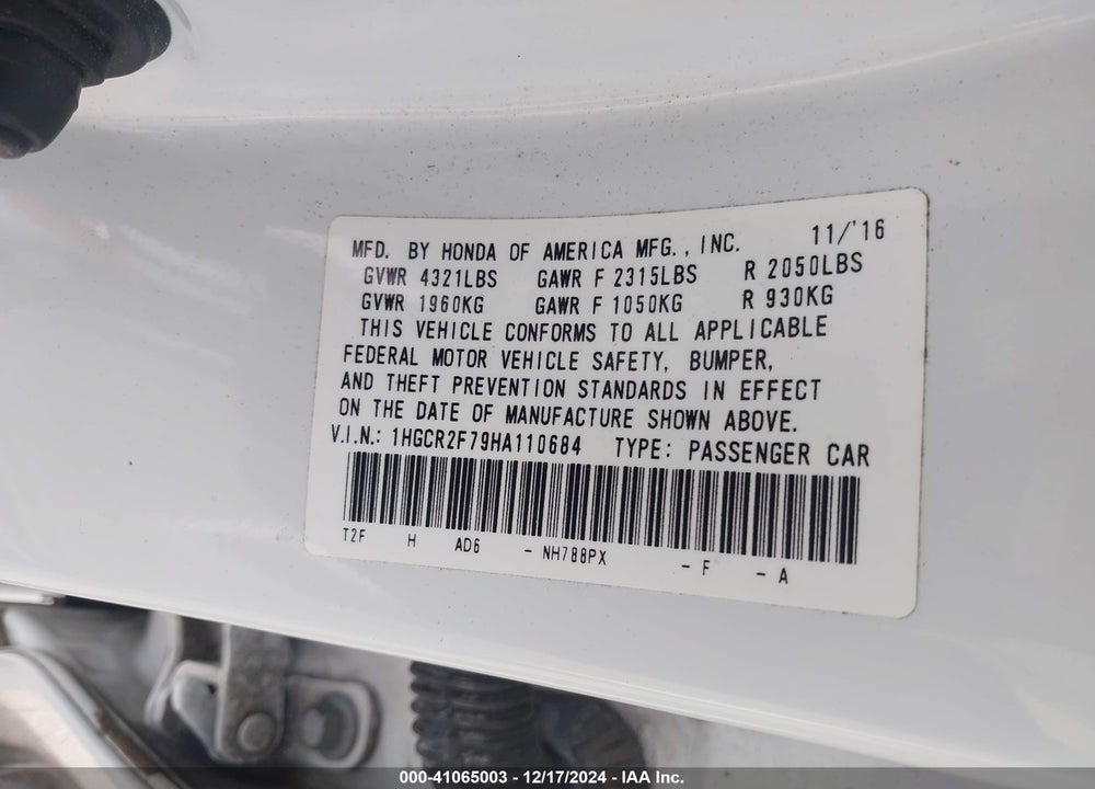 2017 HONDA ACCORD EX VIN: 1HGCR2F79HA110684