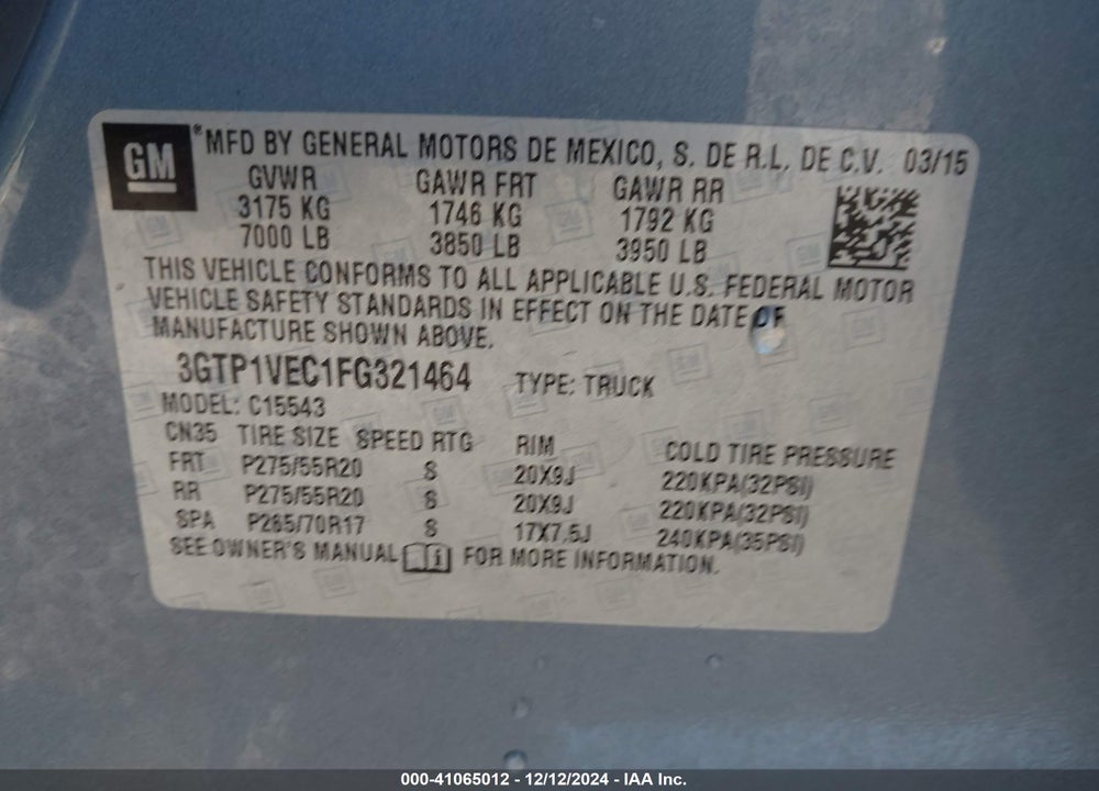 2015 GMC SIERRA VIN: 3GTP1VEC1FG321464