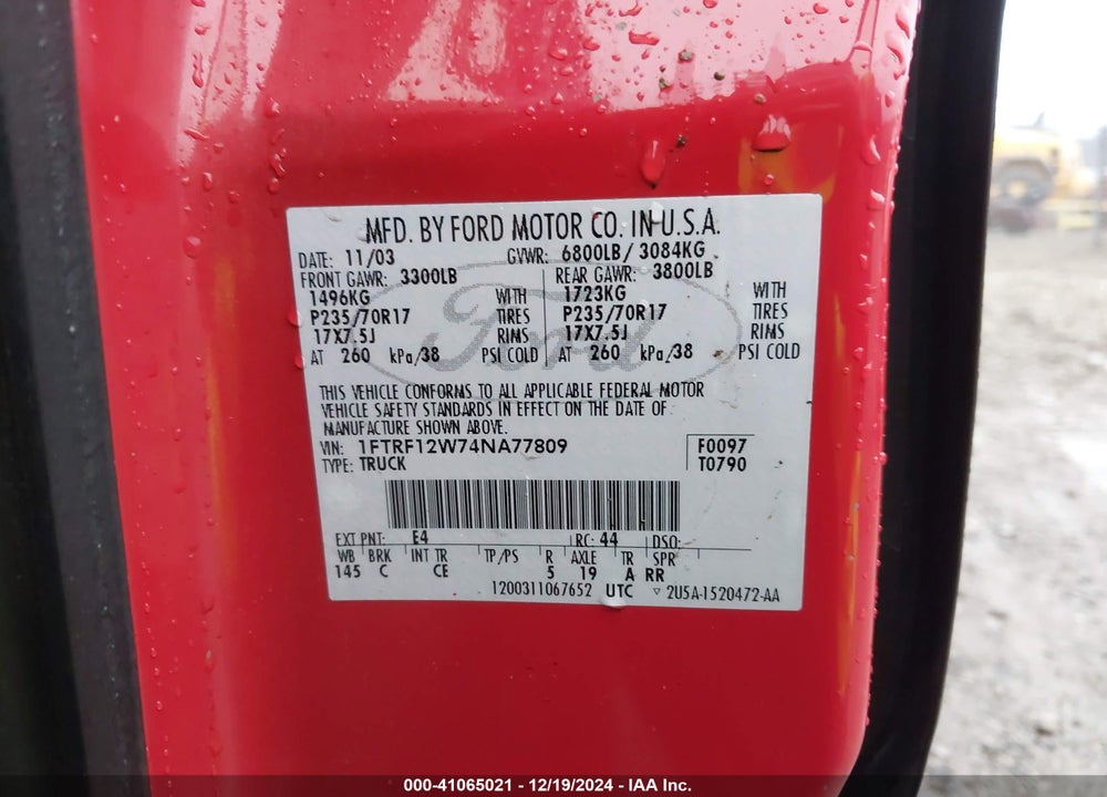 2004 FORD F-150 STX/XL/XLT VIN: 1FTRF12W74NA77809