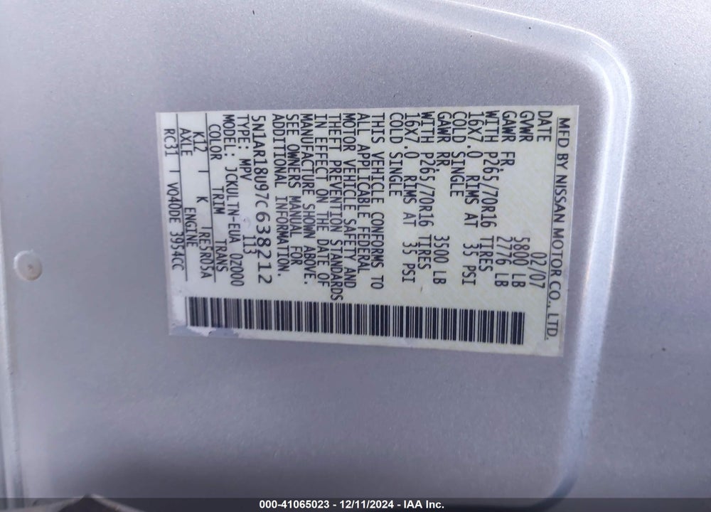 2007 NISSAN PATHFINDER SE VIN: 5N1AR18U97C638212