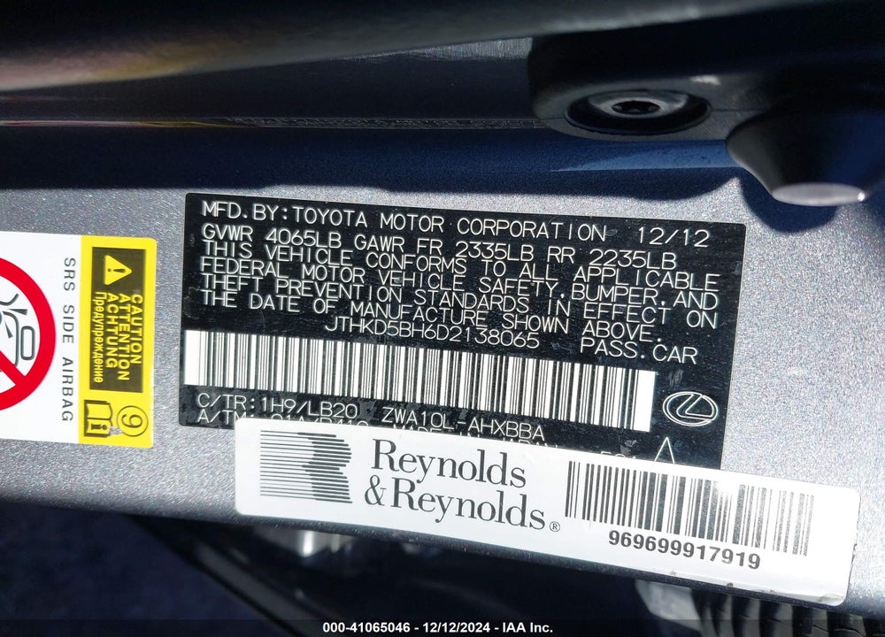 2013 LEXUS CT 200H VIN: JTHKD5BH6D2138065