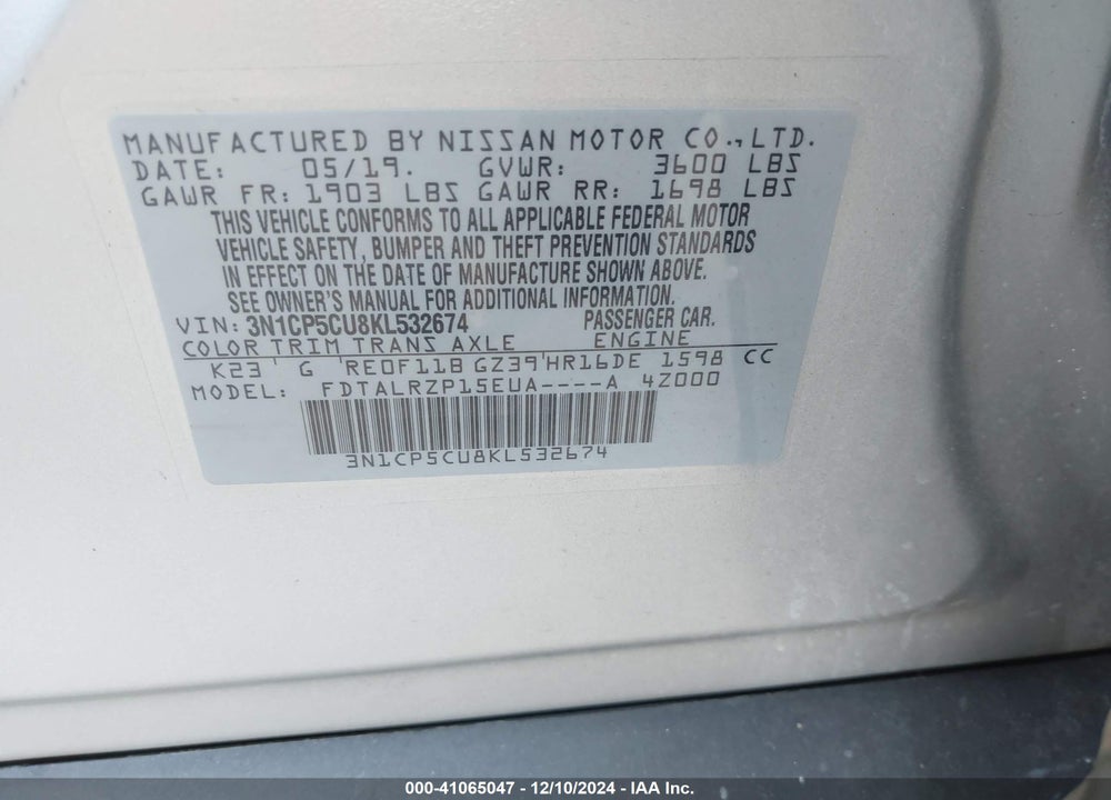 2019 NISSAN KICKS S VIN: 3N1CP5CU8KL532674