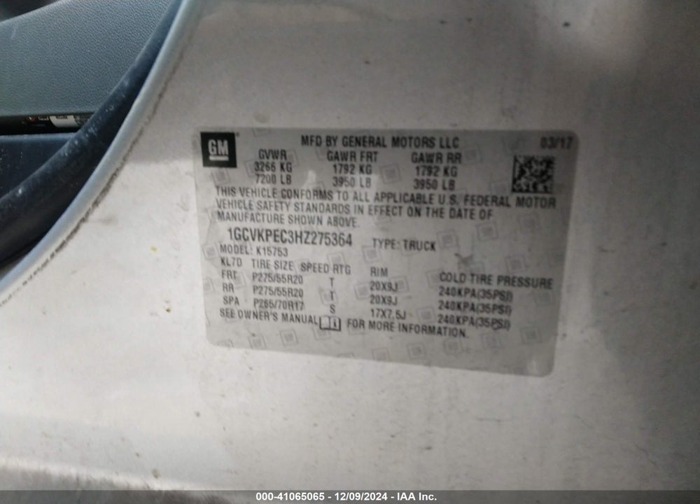 2017 CHEVROLET SILVERADO 1500 VIN: 1GCVKPEC3HZ275364