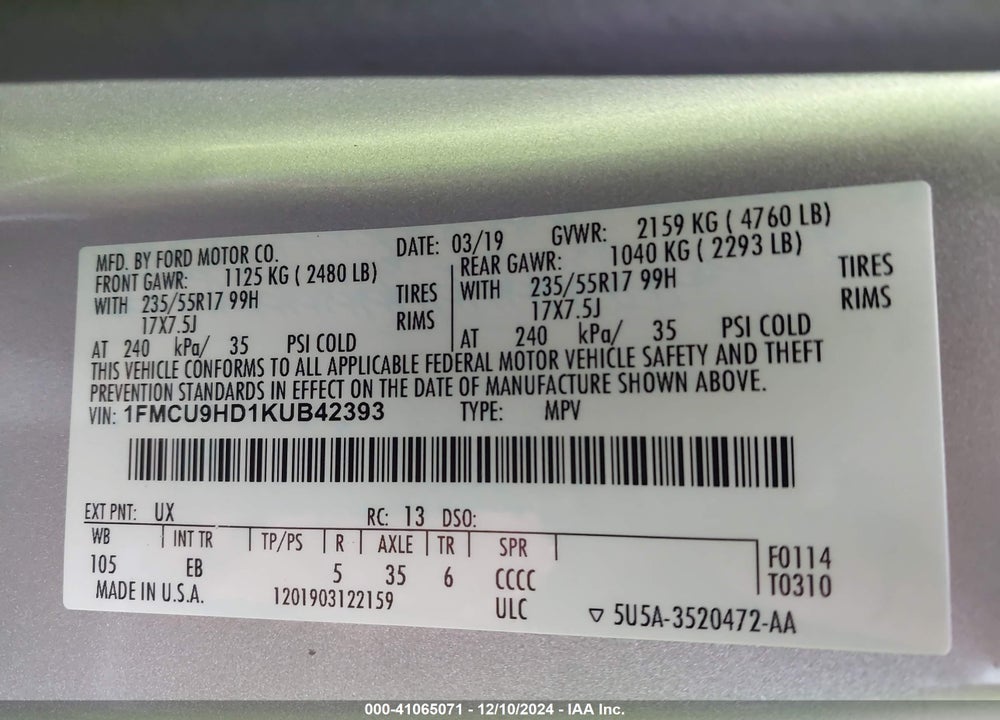 2019 FORD ESCAPE SEL VIN: 1FMCU9HD1KUB42393