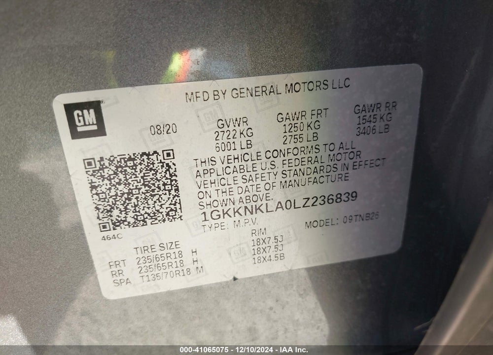 2020 GMC ACADIA FWD SLE VIN: 1GKKNKLA0LZ236839