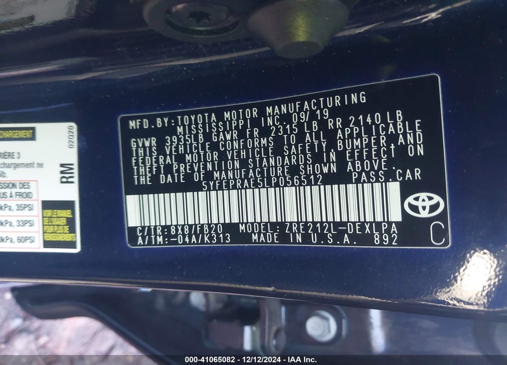 2020 TOYOTA COROLLA VIN: 5YFEPRAE5LP056512