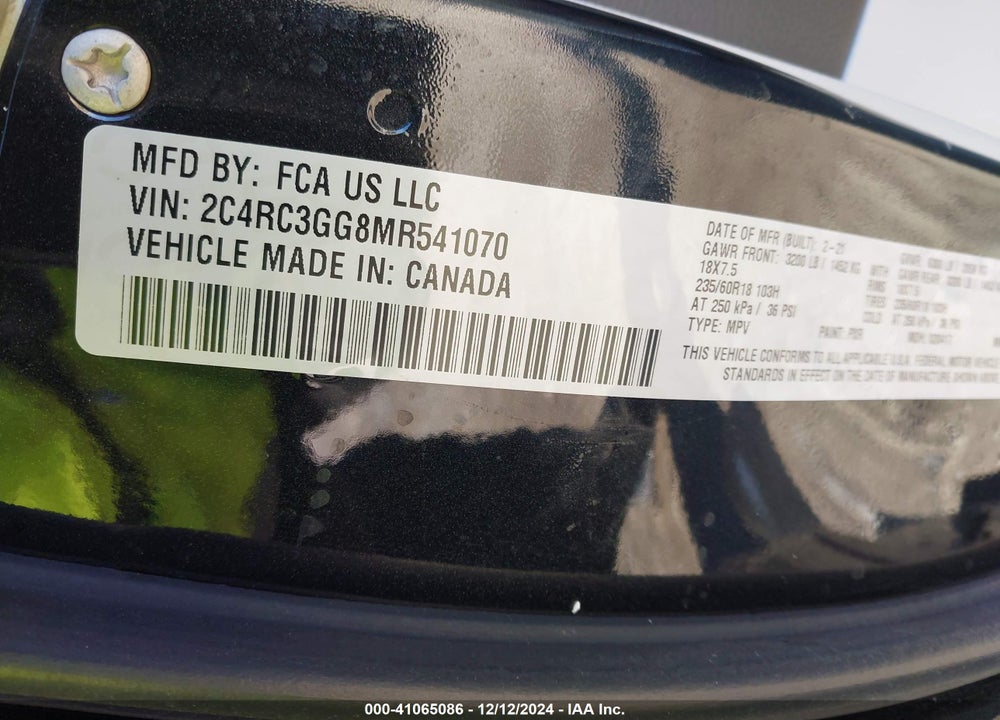 2021 CHRYSLER PACIFICA LIMITED AWD VIN: 2C4RC3GG8MR541070
