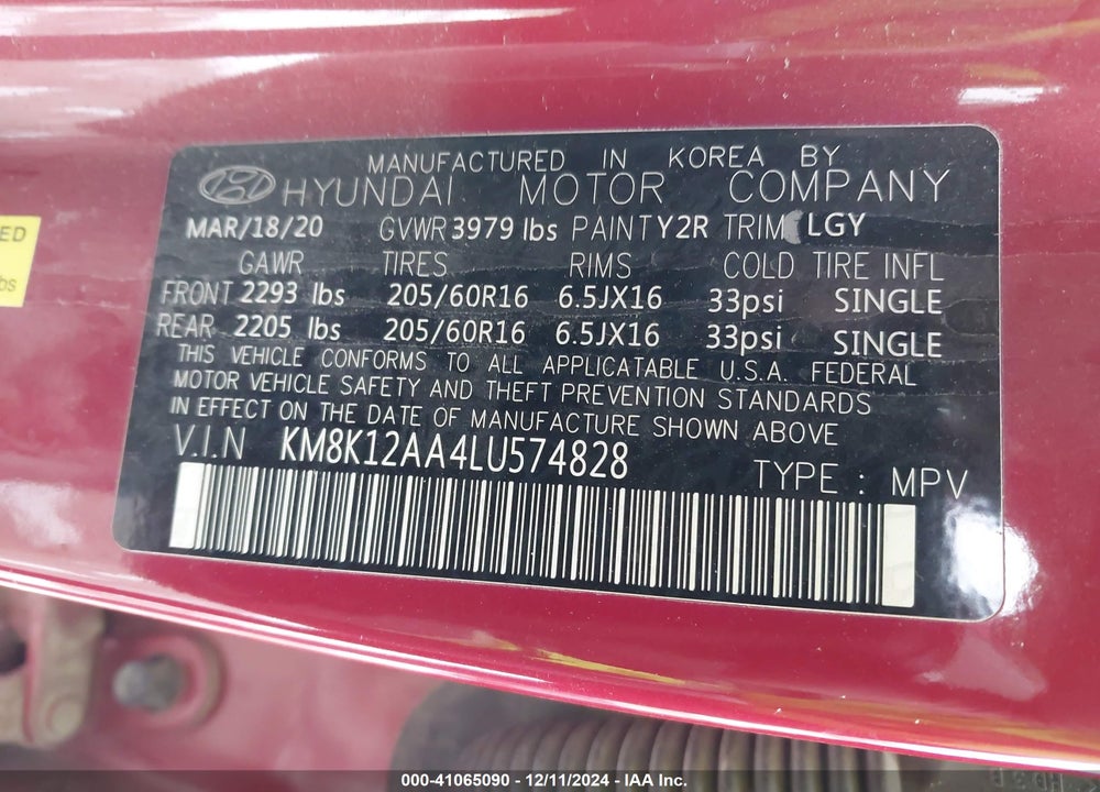 2020 HYUNDAI KONA SE VIN: KM8K12AA4LU574828