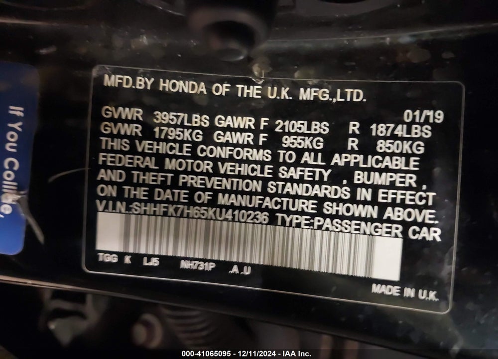 2019 HONDA CIVIC EX VIN: SHHFK7H65KU410236