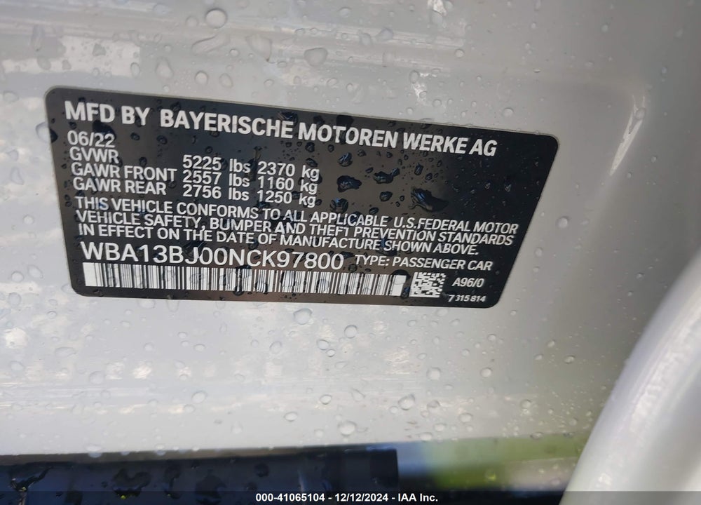 2022 BMW 530 I XDRIVE VIN: WBA13BJ00NCK97800