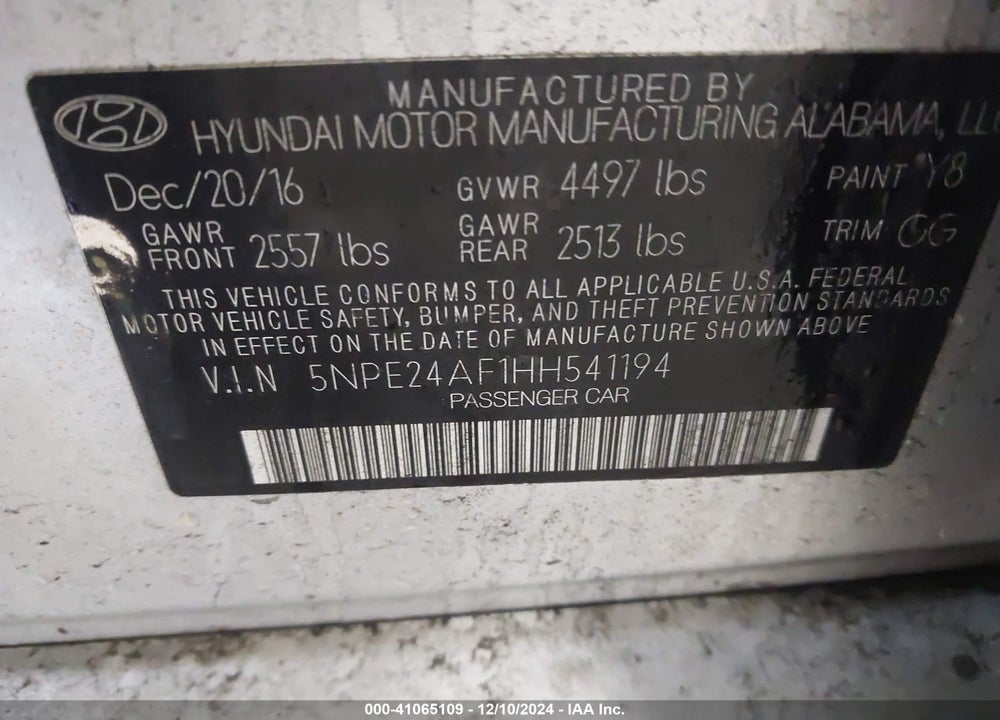 2017 HYUNDAI SONATA VIN: 5NPE24AF1HH541194