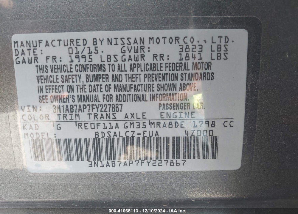 2015 NISSAN SENTRA VIN: 3N1AB7AP7FY227867