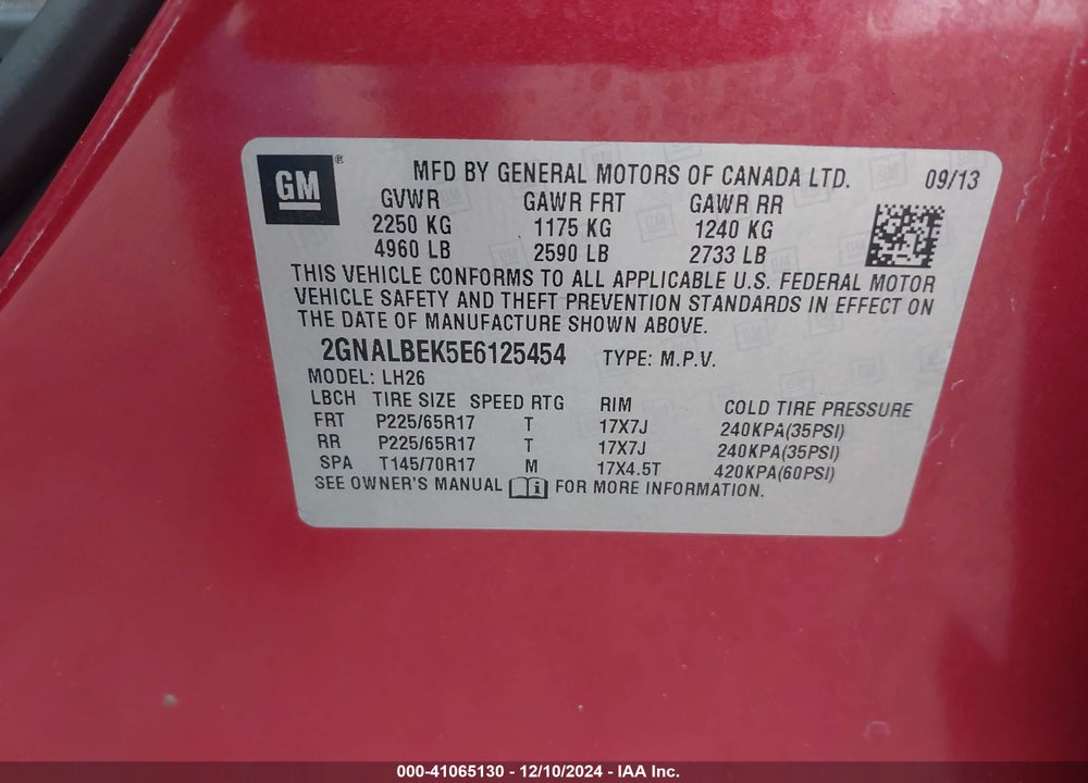 2014 CHEVROLET EQUINOX 1LT VIN: 2GNALBEK5E6125454