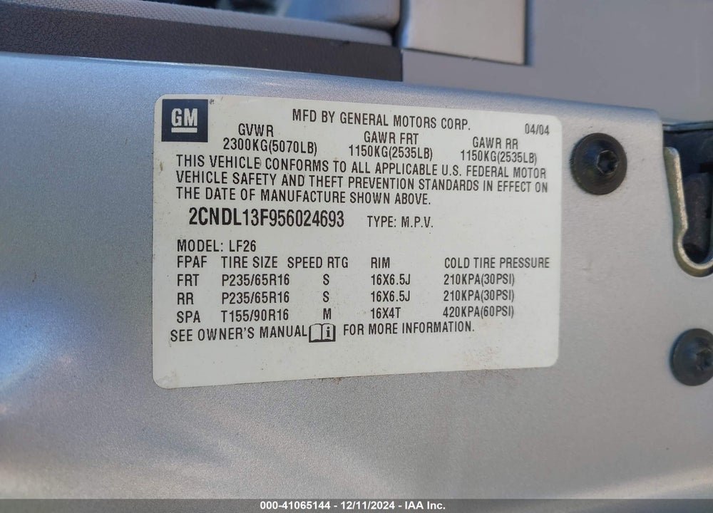 2005 CHEVROLET EQUINOX LS VIN: 2CNDL13F956024693